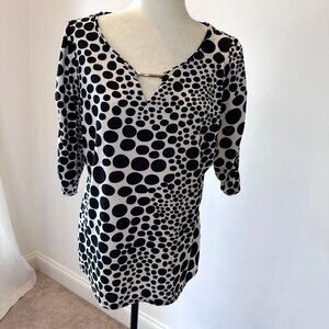 XL Polka Dot Tunic Top Black White Bar Neckline Stretch Blouse Office Classic